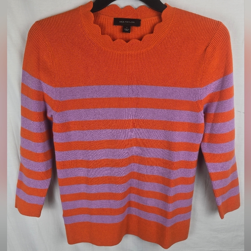 Ann Taylor Orange and Purple 3/4th Sleeve Striped Sweater Sz S